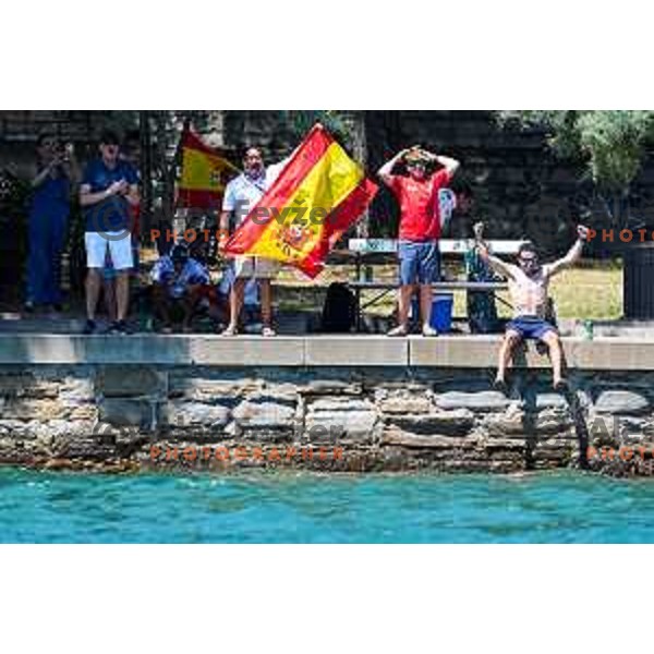 Spanish supporters cheering in the Team Race Final sailing competition at 2025 Optimist World Championship in Portoroz, Slovenia on July 2, 2025