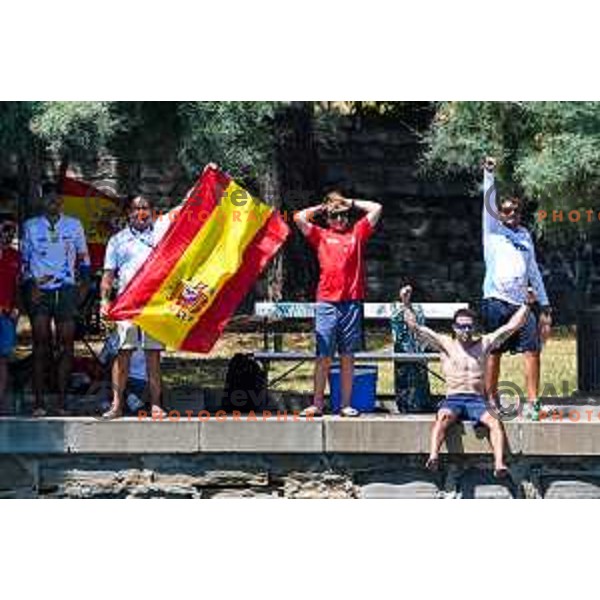 Spanish supporters cheering in the Team Race Final sailing competition at 2025 Optimist World Championship in Portoroz, Slovenia on July 2, 2025