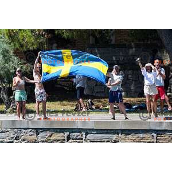 Swedish supporters cheering in the Team Race Final sailing competition at 2025 Optimist World Championship in Portoroz, Slovenia on July 2, 2025