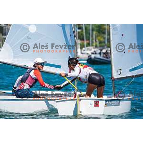 Members of Team Spain and their fans celebrate the victory in the Team Race Final sailing competition at 2025 Optimist World Championship in Portoroz, Slovenia on July 2, 2025