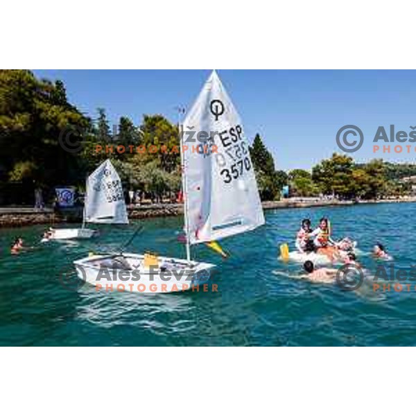 Members of Team Spain and their fans celebrate the victory in the Team Race Final sailing competition at 2025 Optimist World Championship in Portoroz, Slovenia on July 2, 2025