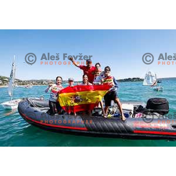 Members of Team Spain and their fans celebrate the victory in the Team Race Final sailing competition at 2025 Optimist World Championship in Portoroz, Slovenia on July 2, 2025