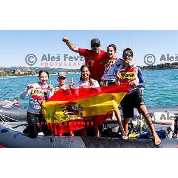 Members of Team Spain and their fans celebrate the victory in the Team Race Final sailing competition at 2025 Optimist World Championship in Portoroz, Slovenia on July 2, 2025
