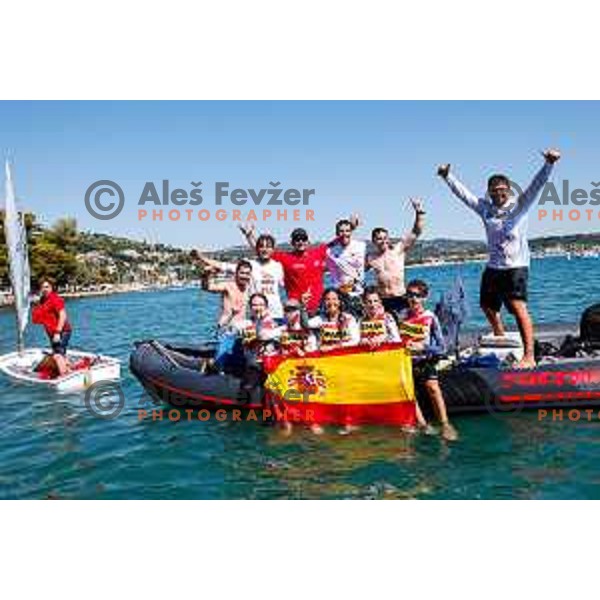 Members of Team Spain and their fans celebrate the victory in the Team Race Final sailing competition at 2025 Optimist World Championship in Portoroz, Slovenia on July 2, 2025
