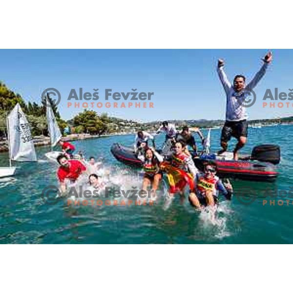 Members of Team Spain and their fans celebrate the victory in the Team Race Final sailing competition at 2025 Optimist World Championship in Portoroz, Slovenia on July 2, 2025