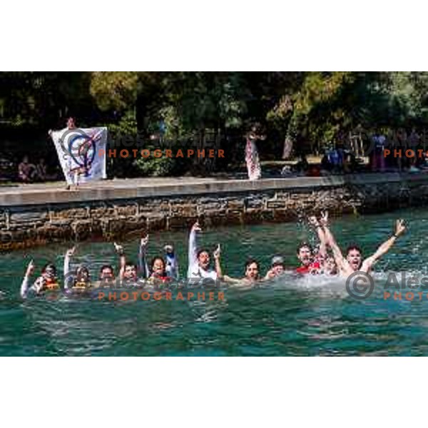 Members of Team Spain and their fans celebrate the victory in the Team Race Final sailing competition at 2025 Optimist World Championship in Portoroz, Slovenia on July 2, 2025