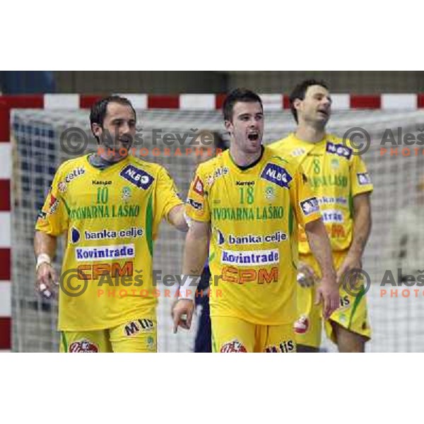 Toskic (10), Gorensek and Bedekovic at handball match Celje Pivovarna Lasko (SLO)- Hammarby (SWE) in EHF Championsleague, played in Celje (Slovenia) 11.10.2008 