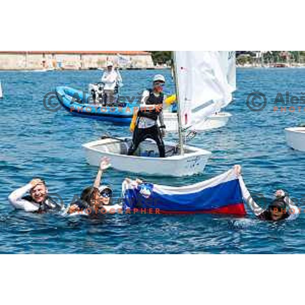 Mihael Zobec (SLO) celebrate silver medal with friends after Final day of sailing competition at 2025 Optimist World Championship in Portoroz, Slovenia on July 5, 2025
