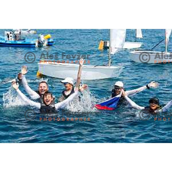 Mihael Zobec (SLO) celebrate silver medal with friends after Final day of sailing competition at 2025 Optimist World Championship in Portoroz, Slovenia on July 5, 2025