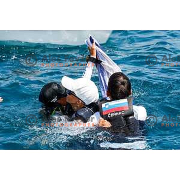 Mihael Zobec (SLO) celebrate silver medal with friends after Final day of sailing competition at 2025 Optimist World Championship in Portoroz, Slovenia on July 5, 2025