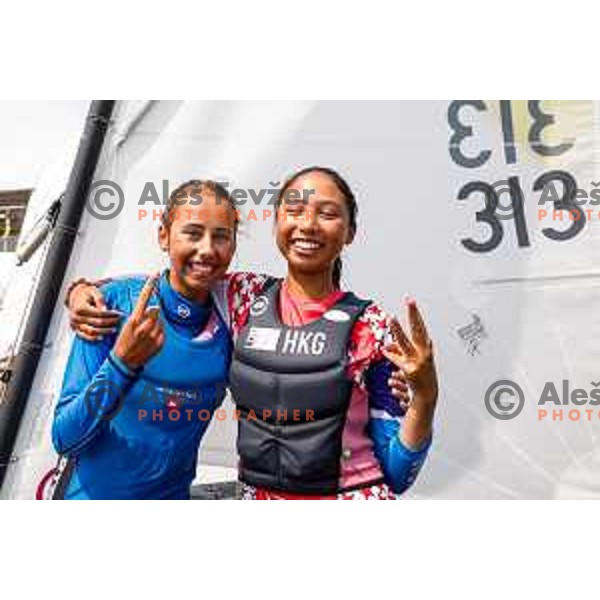 Olha Lubianska (UKR) celebrates golf medal in girls category after Final day of sailing competition at 2025 Optimist World Championship in Portoroz, Slovenia on July 5, 2025