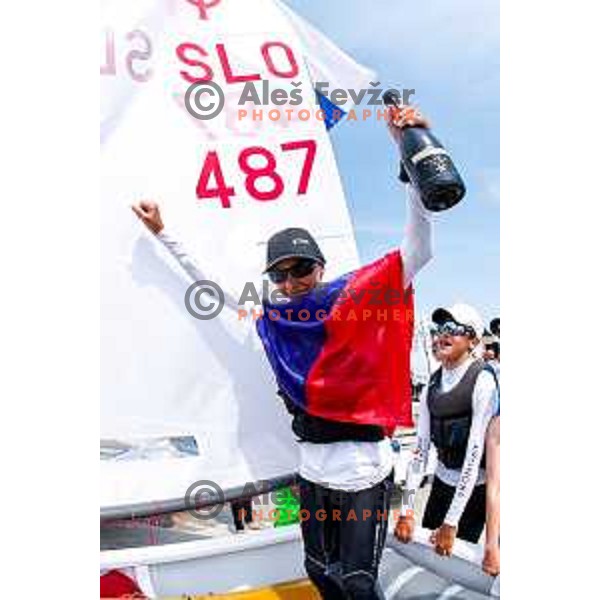 Mihael Zobec (SLO) celebrate silver medal with friends after Final day of sailing competition at 2025 Optimist World Championship in Portoroz, Slovenia on July 5, 2025