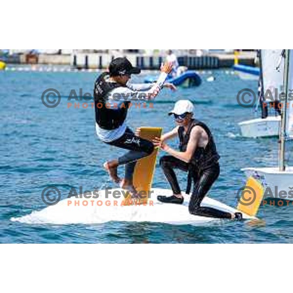 Mihael Zobec (SLO) celebrate silver medal with friends after Final day of sailing competition at 2025 Optimist World Championship in Portoroz, Slovenia on July 5, 2025
