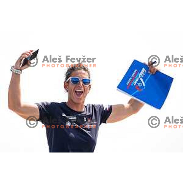 Tina Mrak, team leader of Slovenia celebrates after Final day of sailing competition at 2025 Optimist World Championship in Portoroz, Slovenia on July 5, 2025
