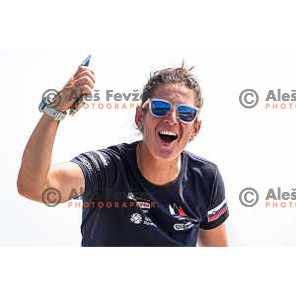 Tina Mrak, team leader of Slovenia celebrates after Final day of sailing competition at 2025 Optimist World Championship in Portoroz, Slovenia on July 5, 2025