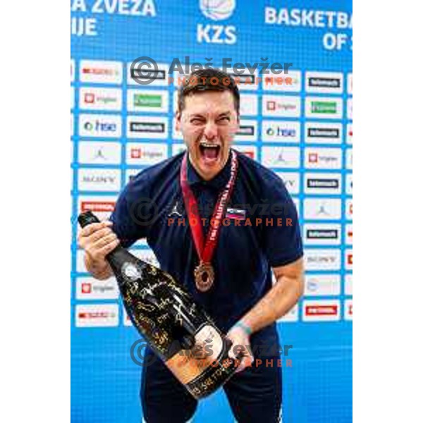 Danijel Radosavljevic, head coach of Slovenia during reception for Slovenia U-19 National Basketball team, World Cup Bronze medalists at Ljubljana Airport Brnik on July 7, 2025