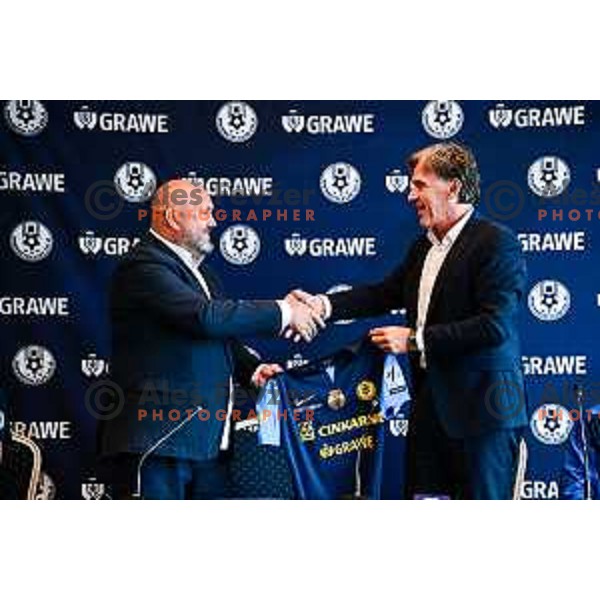 Valeriy Kolotilo, president of NK Celje and David Kastelic during press conference before start of 2025/2026 football season in Ljubljana, Slovenia on July 7, 2025