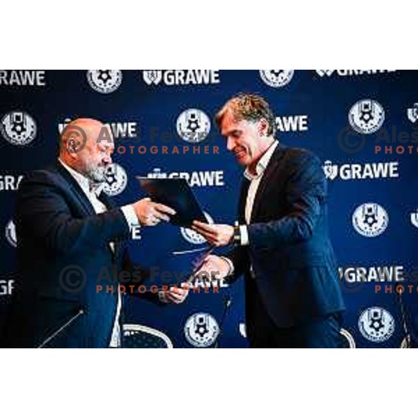Valeriy Kolotilo, president of NK Celje and David Kastelic during press conference before start of 2025/2026 football season in Ljubljana, Slovenia on July 7, 2025