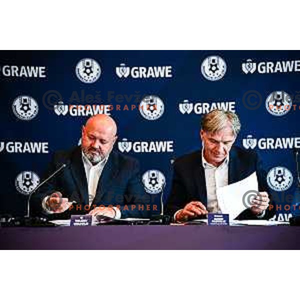 Valeriy Kolotilo, president of NK Celje and David Kastelic during press conference before start of 2025/2026 football season in Ljubljana, Slovenia on July 7, 2025