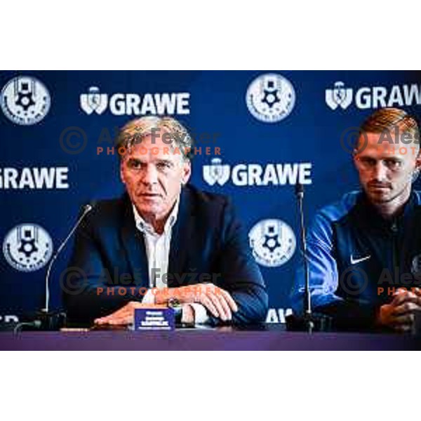 David Kastelic and Zan Karnicnik of NK Celje during press conference before start of 2025/2026 football season in Ljubljana, Slovenia on July 7, 2025