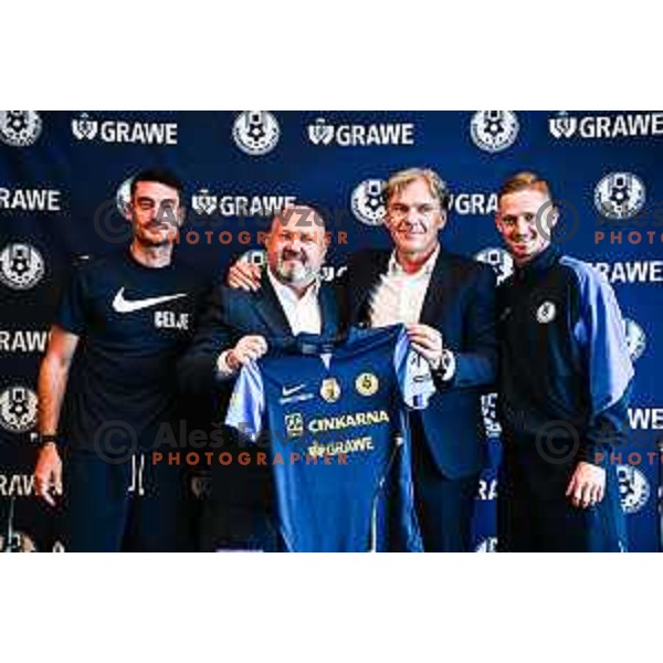 Albert Riera, Valeriy Kolotilo, president of NK Celje, David Kastelic and Zan Karnicnik during press conference before start of 2025/2026 football season in Ljubljana, Slovenia on July 7, 2025