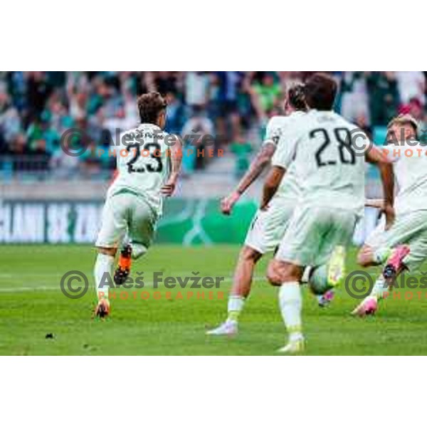 Diogo Pinto of Olimpija scores and celebrates a goal during UEFA Champions League 2025/2026 first qualifying round match between Olimpija Ljubljana and Kairat Almaty in SRC Stozice, Ljubljana, Slovenia on July 8, 2025