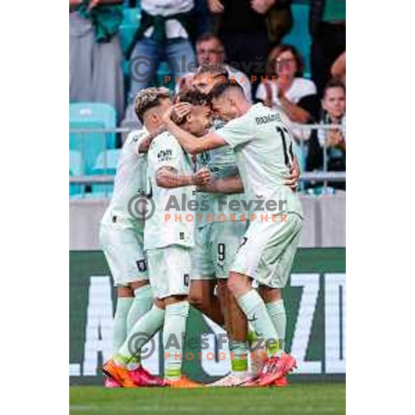 Diogo Pinto of Olimpija scores and celebrates a goal during UEFA Champions League 2025/2026 first qualifying round match between Olimpija Ljubljana and Kairat Almaty in SRC Stozice, Ljubljana, Slovenia on July 8, 2025