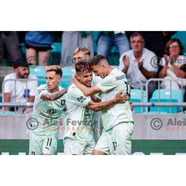 Diogo Pinto of Olimpija scores and celebrates a goal during UEFA Champions League 2025/2026 first qualifying round match between Olimpija Ljubljana and Kairat Almaty in SRC Stozice, Ljubljana, Slovenia on July 8, 2025