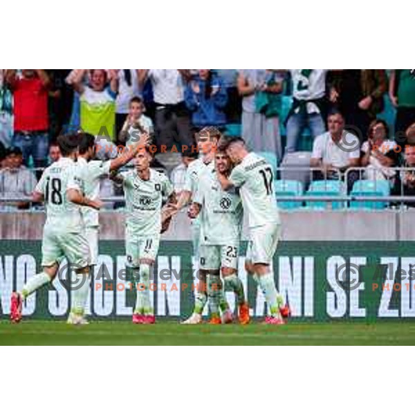 Diogo Pinto of Olimpija scores and celebrates a goal during UEFA Champions League 2025/2026 first qualifying round match between Olimpija Ljubljana and Kairat Almaty in SRC Stozice, Ljubljana, Slovenia on July 8, 2025