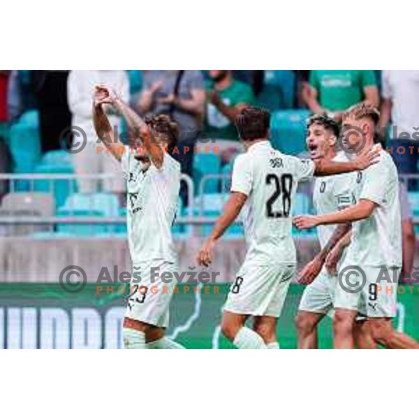 Diogo Pinto of Olimpija scores and celebrates a goal during UEFA Champions League 2025/2026 first qualifying round match between Olimpija Ljubljana and Kairat Almaty in SRC Stozice, Ljubljana, Slovenia on July 8, 2025