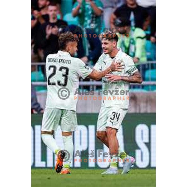 Diogo Pinto of Olimpija scores and celebrates a goal during UEFA Champions League 2025/2026 first qualifying round match between Olimpija Ljubljana and Kairat Almaty in SRC Stozice, Ljubljana, Slovenia on July 8, 2025
