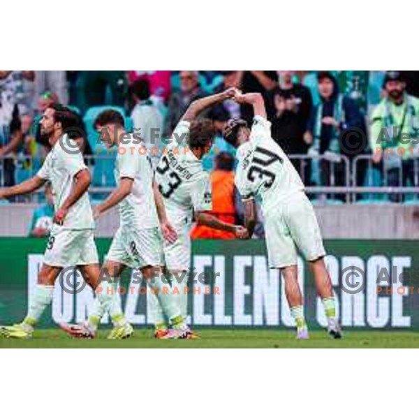 Diogo Pinto of Olimpija scores and celebrates a goal during UEFA Champions League 2025/2026 first qualifying round match between Olimpija Ljubljana and Kairat Almaty in SRC Stozice, Ljubljana, Slovenia on July 8, 2025