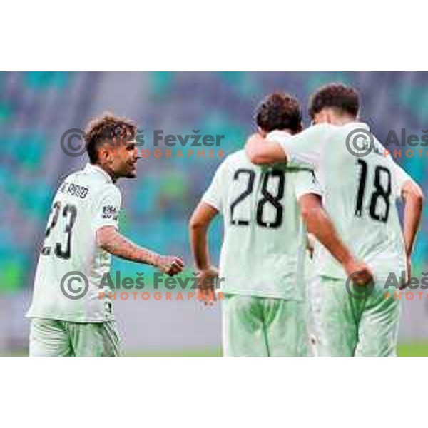 Diogo Pinto celebrates a goal during the UEFA Champions League 2025/2026 first qualifying round match between Olimpija Ljubljana and Kairat Almaty in SRC Stozice, Ljubljana, Slovenia on July 8, 2025. Photo: Filip Barbalic
