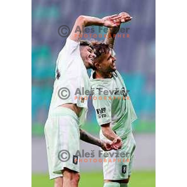 Diogo Pinto celebrates a goal during the UEFA Champions League 2025/2026 first qualifying round match between Olimpija Ljubljana and Kairat Almaty in SRC Stozice, Ljubljana, Slovenia on July 8, 2025. Photo: Filip Barbalic