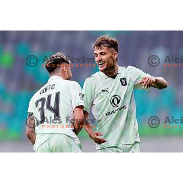 Diogo Pinto celebrates a goal during the UEFA Champions League 2025/2026 first qualifying round match between Olimpija Ljubljana and Kairat Almaty in SRC Stozice, Ljubljana, Slovenia on July 8, 2025. Photo: Filip Barbalic