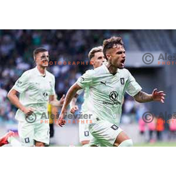 Diogo Pinto celebrates a goal during the UEFA Champions League 2025/2026 first qualifying round match between Olimpija Ljubljana and Kairat Almaty in SRC Stozice, Ljubljana, Slovenia on July 8, 2025. Photo: Filip Barbalic