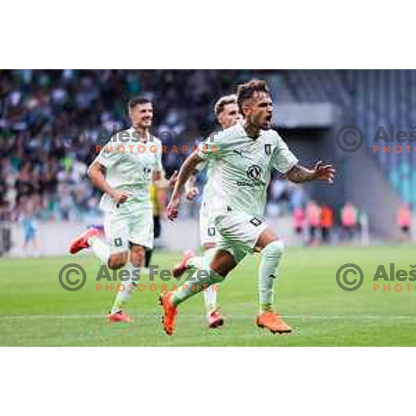 Diogo Pinto celebrates a goal during the UEFA Champions League 2025/2026 first qualifying round match between Olimpija Ljubljana and Kairat Almaty in SRC Stozice, Ljubljana, Slovenia on July 8, 2025. Photo: Filip Barbalic