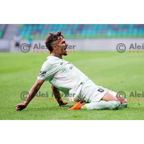 Diogo Pinto celebrates a goal during the UEFA Champions League 2025/2026 first qualifying round match between Olimpija Ljubljana and Kairat Almaty in SRC Stozice, Ljubljana, Slovenia on July 8, 2025. Photo: Filip Barbalic
