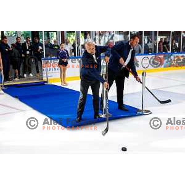 Minister Matjaz Han and Mayor of Bled Anton Mezan at Charity match at reopening of Bled Ice rink between Slovenia Youth and Slovenia Old in Bled, Slovenia on July 9, 2025