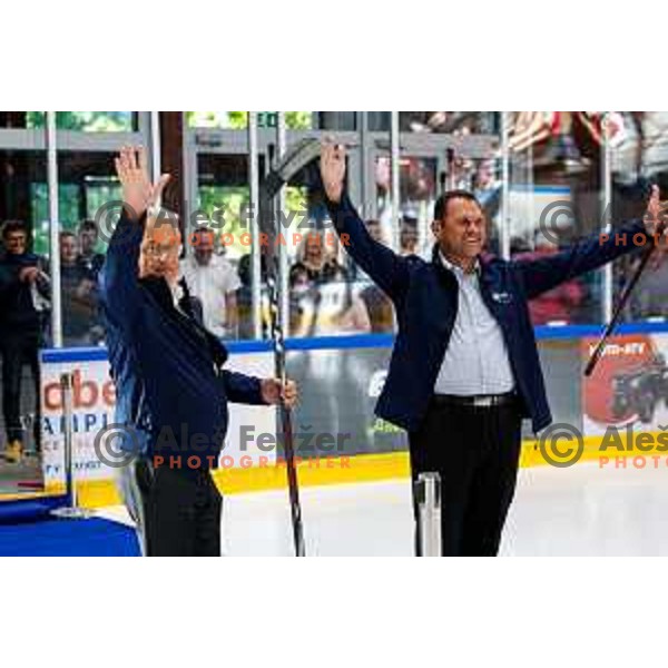 Minister Matjaz Han and Mayor of Bled Anton Mezan at Charity match at reopening of Bled Ice rink between Slovenia Youth and Slovenia Old in Bled, Slovenia on July 9, 2025