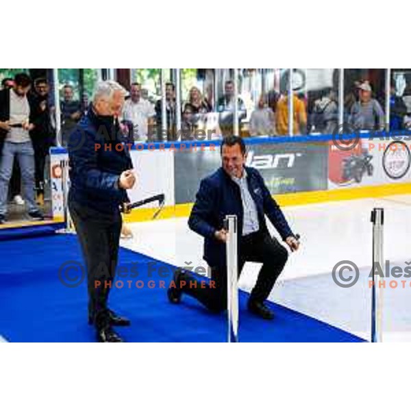 Minister Matjaz Han and Mayor of Bled Anton Mezan at Charity match at reopening of Bled Ice rink between Slovenia Youth and Slovenia Old in Bled, Slovenia on July 9, 2025