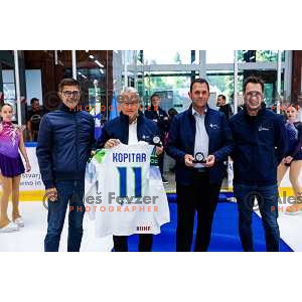 Minister Matjaz Han and Mayor of Bled Anton Mezan at Charity match at reopening of Bled Ice rink between Slovenia Youth and Slovenia Old in Bled, Slovenia on July 9, 2025