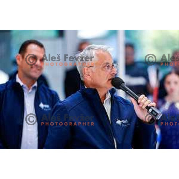 Minister Matjaz Han at Charity match at reopening of Bled Ice rink between Slovenia Youth and Slovenia Old in Bled, Slovenia on July 9, 2025