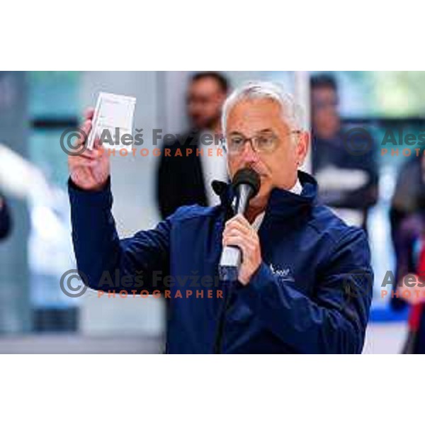 Minister Matjaz Han at Charity match at reopening of Bled Ice rink between Slovenia Youth and Slovenia Old in Bled, Slovenia on July 9, 2025