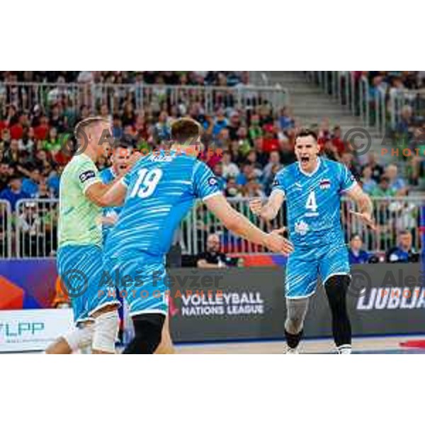 in action during Men’s Volleyball Nations League match between Slovenia and Canada in Ljubljana, Slovenia on July 16, 2025
