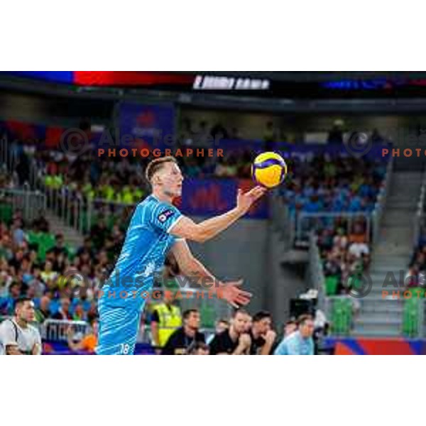 Rok Mozic of Slovenia in action during Men’s Volleyball Nations League match between Slovenia and Canada in Ljubljana, Slovenia on July 16, 2025