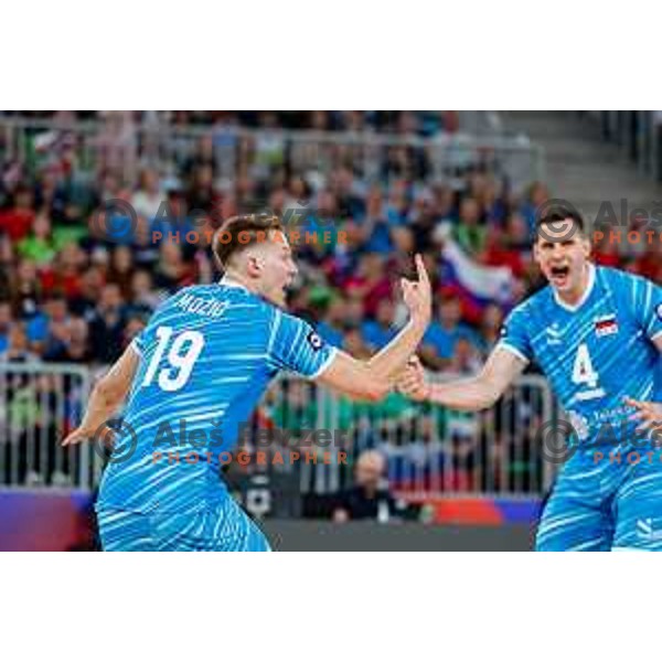 Rok Mozic of Slovenia in action during Men’s Volleyball Nations League match between Slovenia and Canada in Ljubljana, Slovenia on July 16, 2025