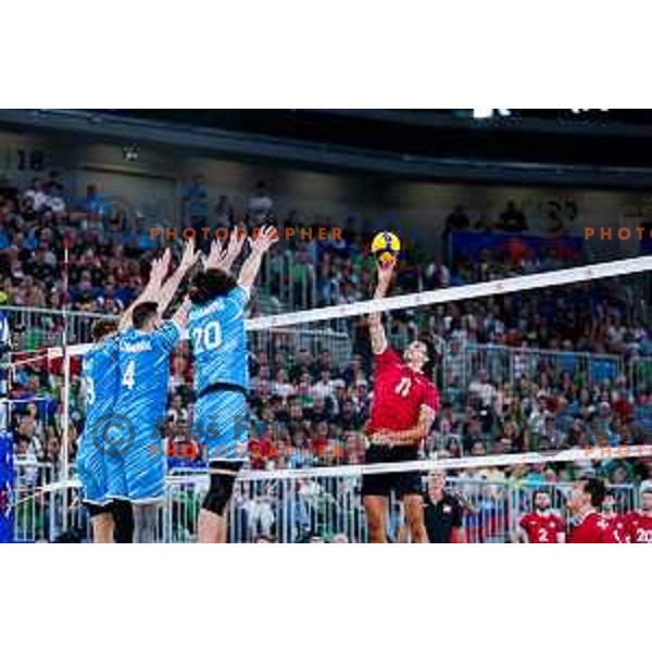 in action during Men’s Volleyball Nations League match between Slovenia and Canada in Ljubljana, Slovenia on July 16, 2025