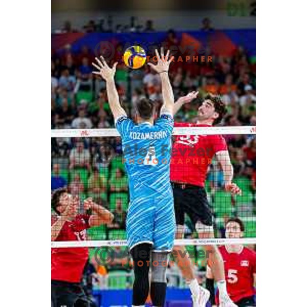 in action during Men’s Volleyball Nations League match between Slovenia and Canada in Ljubljana, Slovenia on July 16, 2025