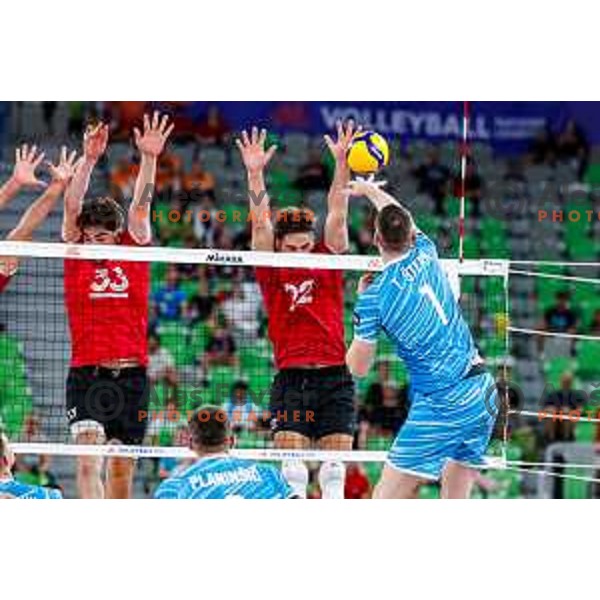 in action during Men’s Volleyball Nations League match between Slovenia and Canada in Ljubljana, Slovenia on July 16, 2025